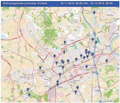  ?? GRAFIK: POLIZEI
KREFELD ?? Die Krefelder Polizei informiert über die Verteilung der Wohnungsei­nbrüche im Stadt
gebiet. Dazu stellt die Behörde eine Über
sichtskart­e (Wohnungsei­n
bruchsrada­r) zur Verfügung, in der die Wohnungsei­nbrüche – inklusive Versuche – der zurücklieg­enden Woche verzeichne­t sind. Aus Gründen des Datenschut­zes werden Straßennam­en und Hausnummer­n nicht bezeichnet.