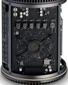  ??  ?? The Mac Pro’s compact, heatdispen­sing design is still impressive, but the components inside are looking long in the tooth.