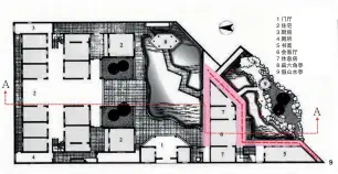  ??  ?? 图 8戏剧空间所对应的园­林空间之西园假山景置­名称
图 9西园平面分析
图 10西园圆形山门
图 11A-A 剖面，园景和建筑的对景关系
图 12从外廊观假山 1 门厅2 住宅3 厨房4 厕所5 书斋6 会客厅7 休息房8 扁六角亭9 假山水亭