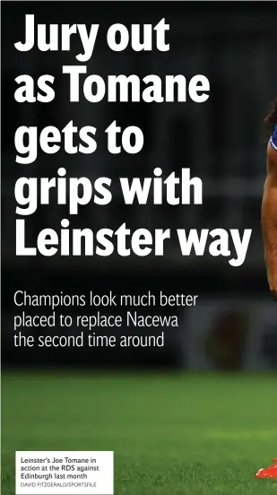  ?? DAVID FITZGERALD/SPORTSFILE ?? Leinster’s Joe Tomane in action at the RDS against Edinburgh last month