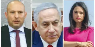  ?? (Marc Israel Sellem/The Jerusalem Post) ?? PRIME MINISTER BENJAMIN NETANYAHU flanked by Naftali Bennett and Ayelet Shaked.