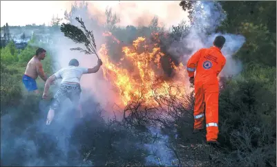  ?? YORGOS KARAHALIS / ASSOCIATED PRESS ?? Residents and volunteers use branches to try to extinguish a forest fire at Kalamos village, north of Athens, on Sunday.