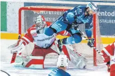  ?? FOTO: CHRISTIAN FLEMMING ?? Der Einsatz der EV Lindau Islanders (Linus Lundström) stimmte, das Resultat nicht. Die Islanders verloren gegen die Eisbären Regensburg (Peter Holmgren) mit 3:4.