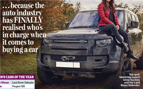  ??  ?? Top spot: Motoring expert Ginny Buckley and the Land Rover Defender