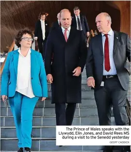  ?? GEOFF CADDICK ?? The Prince of Wales speaks with the Llywydd, Elin Jones, and David Rees MS during a visit to the Senedd yesterday