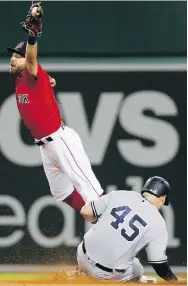  ?? THE ASSOCIATED PRESS ?? New York Yankees’ Luke Voit (45) is forced out at second by Red Sox shortstop Xander Bogaerts during the seventh inning of Game 2 of their American League Division Series on Saturday in Boston.