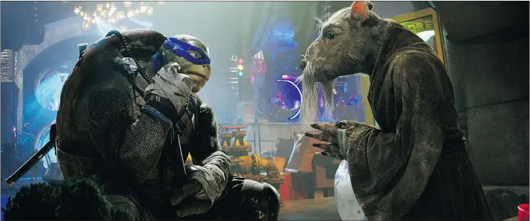  ?? — PARAMOUNT PICTURES ?? Leonardo, left, and Splinter in Teenage Mutant Ninja Turtles: Out of the Shadows, which pits the pizza-eating crimefight­ers against arch enemy Shredder.