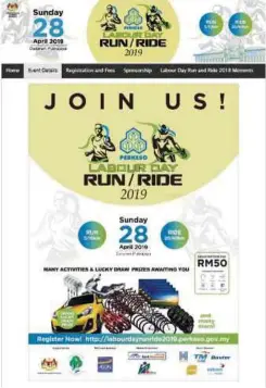  ??  ?? Orang ramai boleh layari laman web acara ‘Labour Day Run and Ride 2019’ anjuran PERKESO untuk maklumat lanjut.