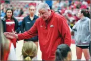  ?? (NWA Democrat-Gazette/Hank Layton) ?? University of Arkansas volleyball Coach Jason Watson speaks to his team during a timeout Dec. 2, 2023, during the third set the Razorbacks’ 3-1 win over TCU in the second round of the NCAA Tournament at Barnhill Arena in Fayettevil­le.