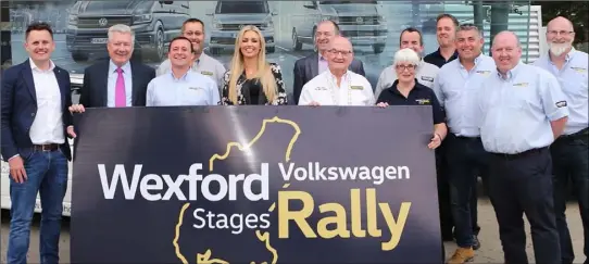  ??  ?? Former Miss World Rosanna Davidson launches the Wexford Volkswagen Wexford Stages Rally at Wexford Volkswagen in Drinagh From left: Kevin Reilly (principal, Wexford Volkswagen), Joe Connolly, guest speaker, Graham Scallan, Mark Cooper, Rosanna Davidson, John Naylor, Tommy Moran (club president), Margaret Fielding, Jason Doyle, Pat Caufield, Adrian Codd, Niall McCarthy and David Busher.