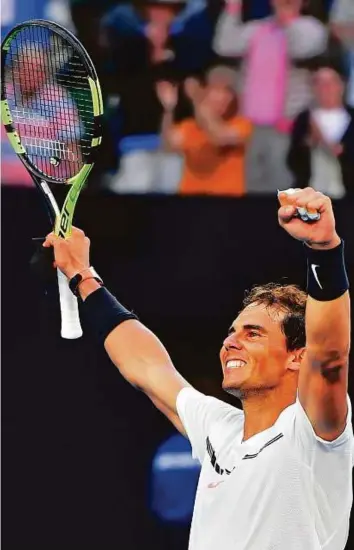  ?? AP ?? Rafael Nadal celebrates after defeating Alexander Zverev during their third round match at the Australian Open in Melbourne yesterday.