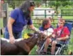  ??  ?? A special-needs child gets a visit during Camp Geronimo at the Barn at Spring Brook Farm in Pocopson.