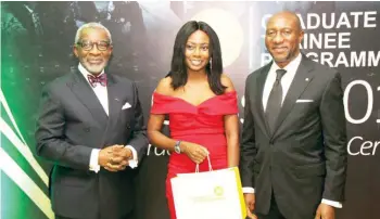  ??  ?? L – R: Folusho Phillips, chairman, Phillips Consulting Limited; Chioma Dennis, Trainee of the Year 2019 and Oscar N. Onyema, chief executive officer, The Nigerian Stock Exchange (NSE) during the NSE GTP Class of 2019 Graduation Ceremony and Dinner on Tuesday July 30, 2019 at the Civic Center, Victoria Island Lagos.