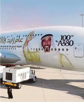  ?? BLOOMBERG PIC ?? Emirates’ 100th A380 on display during the 15th Dubai Air Show in Dubai in November last year.