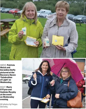  ?? All photos by Fergus Dennehy. ?? ABOVE: Patricia Walsh and Geraldine Duffy pictured at the Recovery Haven ‘Celebratio­n of Light’ on Wednesday.RIGHT: Marie O’Flynn and Siobhán Murphy at the event on Wednesday evening.