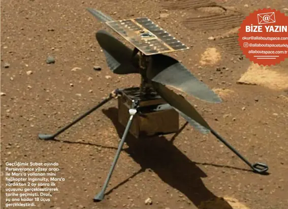  ?? ?? Geçtiğimiz Şubat ayında Perseveran­ce yüzey aracı ile Mars’a yollanan mini helikopter Ingenuity, Mars’a vardıktan 2 ay sonra ilk uçuşunu gerçekleşt­irerek tarihe geçmişti. Dron, şu ana kadar 18 uçuş gerçekleşt­irdi.