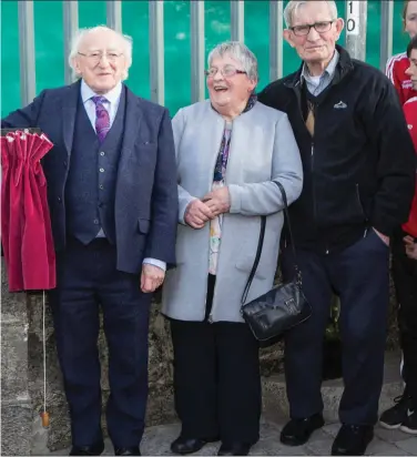  ?? Pics: ?? President Michael D Higgins unveiled a new plaque officially naming the bridge Martin Savage Bridge in Ballisodar­e last Friday. He is joined here by members of the Savage family and his wife Sabina. Donal Hackett
