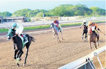  ?? ANTHONY MINOTT/PHOTOGRAPH­ER ?? SLAMMER (left), ridden by Panamanian jockey Dick Cardenas, wins the Cash Pot Only One for Me Trophy ahead of PERFECT BREW (right), in the two-yearold Restricted Allowance Stakes over six furlongs at Caymanas Park yesterday.