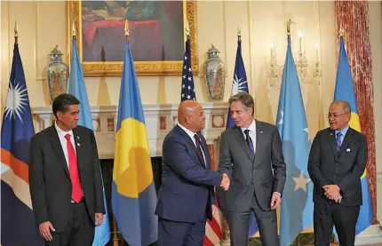 ?? ?? US Secretary of State Antony Blinken, Micronesia’s President David Panuelo, Palau President Surangel Whipps and Marshall Islands President David Kabua.