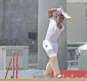  ?? AFP ?? West Indies batsman shimron hetmyer is clean bowled by mohammad amir of pakistan on the fifth day’s play of the final Test at the Windsor park stadium in roseau, dominica on sunday. —