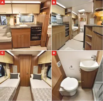  ??  ?? A C B D
A Kitchen benefits from increased spec, with dual-fuel hob and 103-litre fridge opposite B Clever design makes this floorplan popular with couples looking for spacious comfort C Twin singles have headrest and handy shelf D Well-equipped washroom, but no window