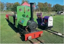  ?? PICTURE: STEVE PURVES ?? Left: There and Back’s two current locos. Nomi (left), a scale Bagnall ‘Mercedes’ class 0-4-0ST+T
(No. 1842 of 1907), built by Eric Jones of Sandback in 1989 to an MJ Engineerin­g design. Originally named Laura, it made many portable railway appearance­s in the North West until 2001. On the right is Moose, a Colin Edmondson ‘Scamp’ type 4wPE (No. 88), built from a CMD Engineerin­g kit. The two locos are seen at Matlock Farm Park, Derbyshire in August 2020. There are two bogie carriages, also attributab­le to Colin, but are 2ft longer than his usual design.