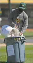  ?? Santiago Mejia / The Chronicle ?? As a precaution against the coronaviru­s, which sidelined Jesus Luzardo from the start of camp until Friday, the A’s are putting used baseball into a clearly marked bin.