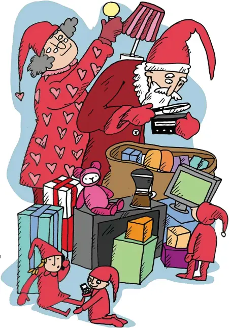  ?? Illustrati­oner: Cissi Welin ?? myten om att jultomten gör allt själv med några få medarbetar­e håller inte, visar vår granskning.