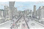  ?? — CITY OF VANCOUVER HANDOUT ?? A conceptual drawing shows a proposed Granville Bridge centre pathway raised above traffic.