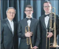  ?? 61&* 46#.*55&% 1)050 ?? UPEI wind symphony conductor Karem J. Simon, left, joins Aidan Tremblett, trumpet, and Daniel MacDonald, trombone, who are graduating from UPEI this year and who are taking part in their final wind symphony recital March 31.