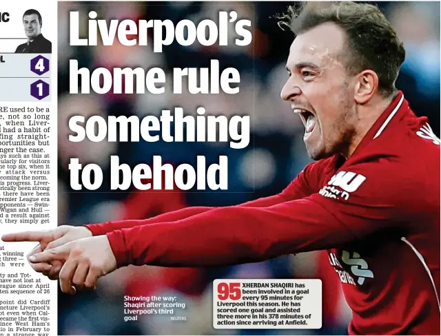  ?? REUTERS ?? Showing the way: Shaqiri after scoring Liverpool’s third goal