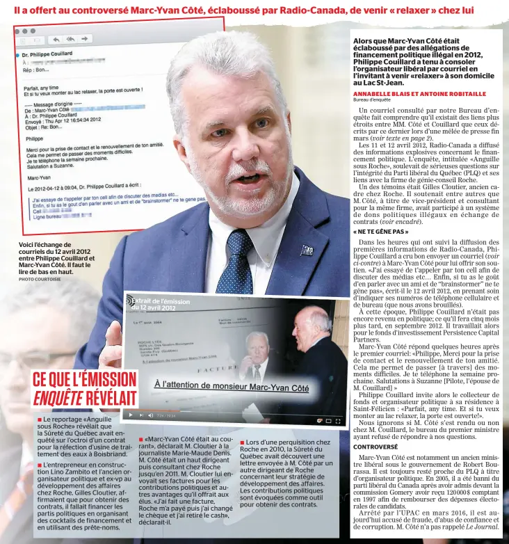  ??  ?? Voici l’échange de courriels du 12 avril 2012 entre Philippe Couillard et Marc-Yvan Côté. Il faut le lire de bas en haut.