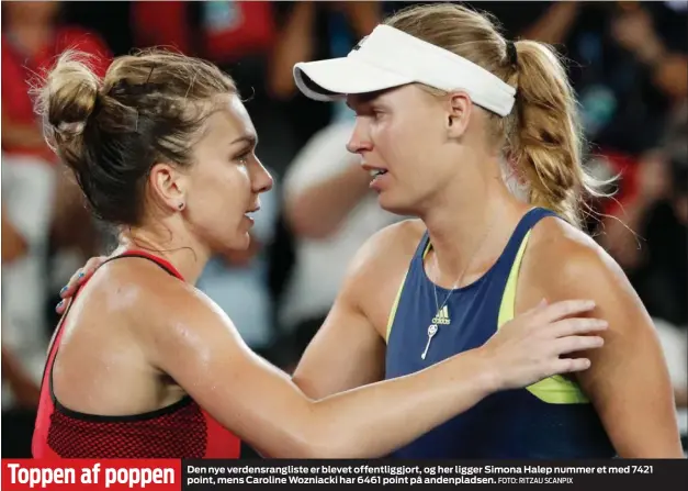  ?? FOTO: RITZAU SCANPIX ?? Den nye verdensran­gliste er blevet offentligg­jort, og her ligger Simona Halep nummer et med 7421 point, mens Caroline Wozniacki har 6461 point på andenplads­en.