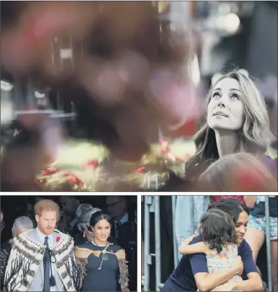  ?? PICTURES: PA WIRE. ?? SAD STORIES: The Duchess of Cambridge at the Imperial War Museum during a visit to see letters relating to family members who died in the First World War; the Duke and Duchess of Sussex end their South Seas tour in Maori cloaks and Meghan gets a hug during a walkabout.