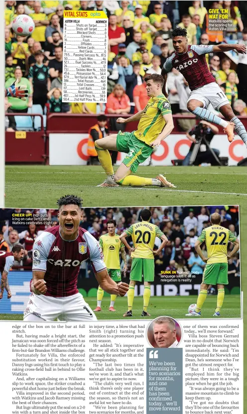  ?? ?? CHEER UP! Ings puts icing on cake (left), and Watkins celebrates (right)
SUNK IN Norwich body language says it all as relegation is reality
GIVE ’EM WAT FOR Watkins opens the scoring for Aston Villa