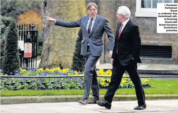  ??  ?? > European Parliament Brexit co-ordinator Guy Verhofstad­t, left, in Downing Street with Brexit Secretary David Davis yesterday