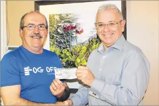  ?? SAM MCNEISH/THE TELEGRAM ?? Bill Guiney was on hand this week to make a presentati­on to Dan Goodyear, CEO of the Canadian Mental Health Associatio­n – Newfoundla­nd and Labrador Division, from funds raised during a Mental Health Tree initiative hosted by him and his wife, Susan....