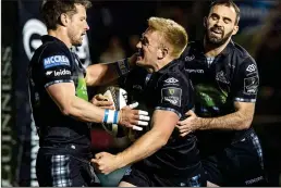  ??  ?? KYLE HIGH: Steyn (centre) is hailed after scoring Glasgow’s second try