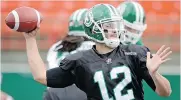  ?? TROY FLEECE/Leader-Post ?? Tino Sunseri throws during his first practice as the starting
QB at Mosaic Stadium in Regina on Wednesday.