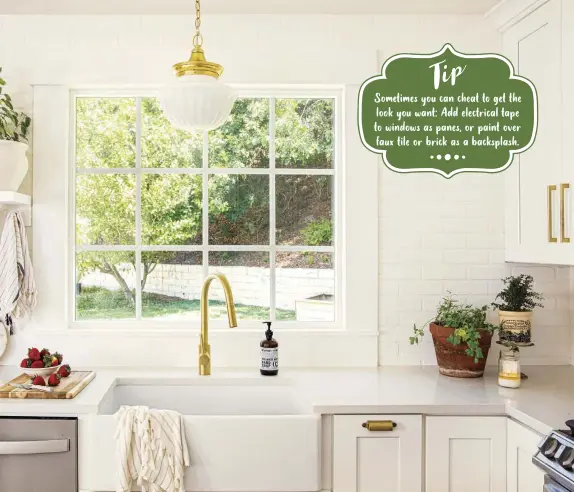  ?? ?? Ashley painted faux brick paneling as the backsplash around the sink. “It’s a really inexpensiv­e option and it’s so easy, you don’t have to worry about cutting tile, and it looks real,” she says. The single basin of a farmhouse sink gives much more room than a standard sink. In the evenings, she often lights candles for ambient lighting. “It just makes a room feel so cozy,” she says.