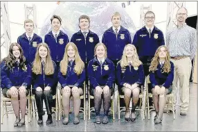  ?? Submitted photo ?? These Prairie Grove FFA members attended Summer Camp at Camp Couchdale during the summer of 2022: (front, left) Aubree Wood, Channing Ashworth, Abigail Dorey, Allissa Bodiford, Lily Davis, Rylie Bignor; (back, left) Jarret Bone, Brody Ruiz, Luke Peoples, Samuel Lunsford, FFA sponsor Clint Hale.