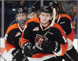  ?? NEWS PHOTO RYAN MCCRACKEN ?? Medicine Hat Tigers centre Gary Haden leads his teammates back to the bench after scoring a goal in a Western Hockey League game against the Victoria Royals on Dec. 1, 2017 at the Canalta Centre.