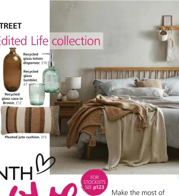  ??  ?? MAIN IMAGE Spindle bed frame, from £399; Akinda oak bedside table, £119; Ecomix ballshaped table lamp in White, £25; Leighton Grey striped duvet cover and pillowcase set, from £40; Ragen cushion, £8; Ludlow White Sands cotton throw, £25; Edited Life jute marl rug, from £129; Edited Life ash wood five hooks, £22, all Dunelm