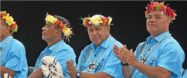  ?? Photo: DEPFTO News ?? Prime Minister Voreqe Bainimaram­a (third from left) during the Pacific Islands Forum in Tuvalu.