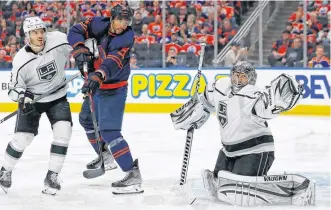  ?? USA TODAY SPORTS ?? Edmonton Oilers forward Evander Kane tips a shot just wide of Los Angeles Kings goaltender Jonathan Quick during the third period in game two of the first round of the 2022 Stanley Cup playoffs at Rogers Place Wednesday.