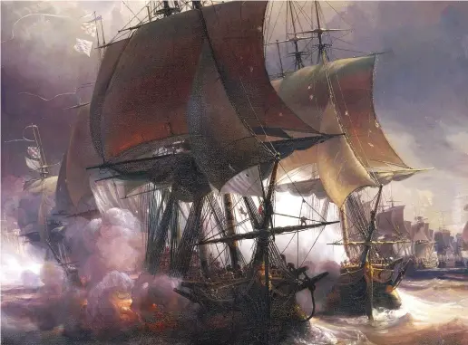  ??  ?? Admiral Augustus Keppel’s 30-strong British fleet clashes with 29 French ships in the battle of Ushant on 27 July 1778. This was the first major engagement between the two nations since France entered the war earlier that year, and neither side was...