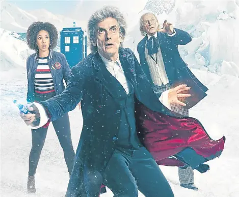  ?? ?? PETER Capaldi’s Time Lord is seen standing alongside his former self in a newly-released Doctor Who photo.
Capaldi’s final outing as the 12th Doctor has been teased in the image which shows him standing in an Arctic snowscape alongside the first Doctor (David Bradley) and assistant Bill Potts (Pearl Mackie).