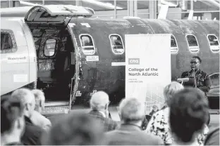  ?? NORTH ATLANTIC COLLEGE OF THE ?? Carol O’maroro, an aircraft structural repair student at the CNA Gander campus, was emcee for the celebratio­n of CNA and Bombardier’s partnershi­p that sees the donation of aircraft, fuselage and parts as support for the aviation programs at the college.