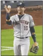  ?? AP/SETH WENIG ?? Houston Astros first baseman Yuli Gurriel reacts after making the play at first for the third out to end Game 3 of baseball’s American League Championsh­ip Series against the New York Yankees.