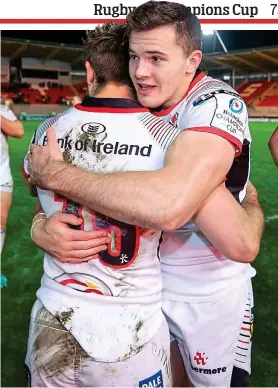  ??  ?? Jacob’s cracker: Stockdale (right) hugs Ulster teammate Louis Ludik after last night’s stunning bonus-point win at Scarlets HQ